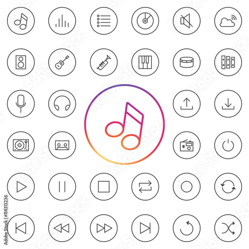Music icons set. Including controls as play, pause, stop, forward, backward, record, sync, loop. Instruments as guitar, piano, drum. Devices as tape, radio, mixer, speaker, and etc.