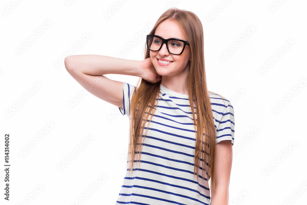 healthy girl got neck pain and back pain isolated on white background