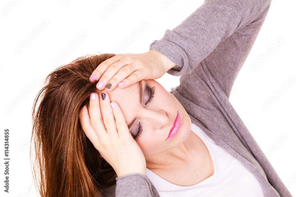 Woman suffering from headache migraine pain Woman suffering from headache migraine pain
