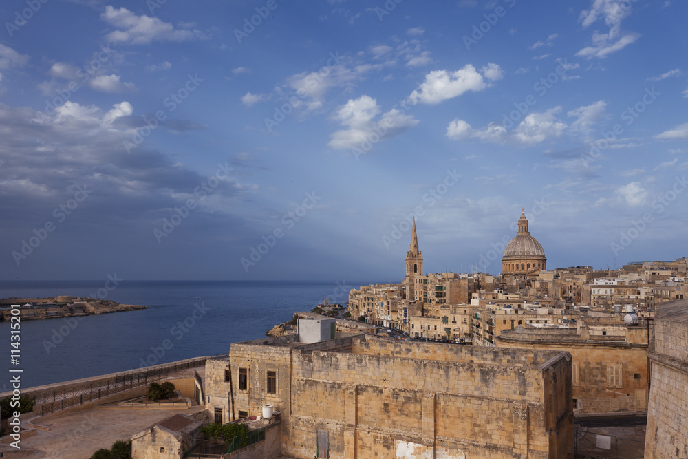 Skyline of the Old City of Valletta, Malta alongside the Marsamxett harbour 