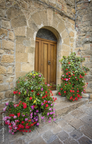 door of old building with flowers in Tuscany in Italy
