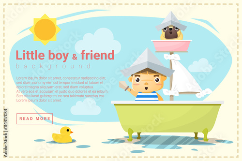 Little boy ship captain and friend background , vector, illustration