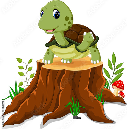 Cartoon turtle posing on tree stump