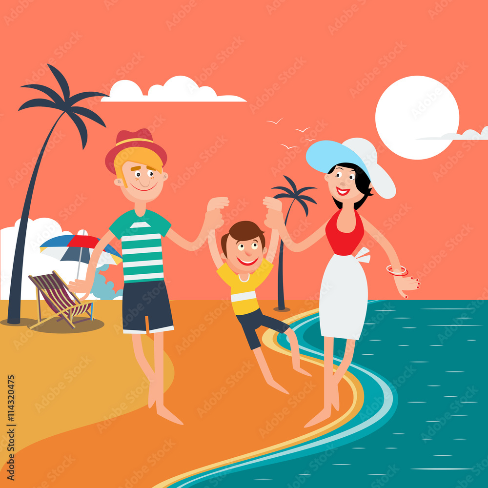 Family Summer Vacation. Happy Family on the Sea. Vector illustration
