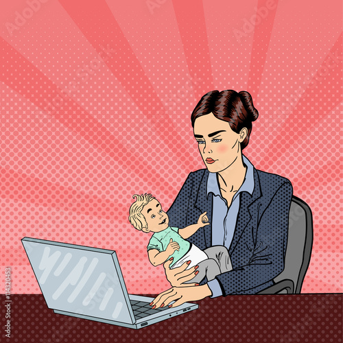 Modern Business Woman Working on Laptop and Holding Baby. Pop Art. Vector illustration
