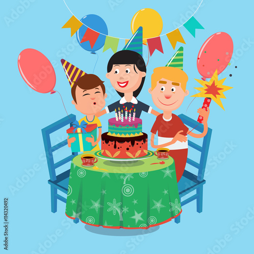 Family Birthday Party. Happy Family Celebrating Sonâs Birthday. Vector illustration photo