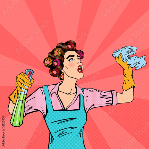 Housewife Cleaning the House with Spray and Rag. Pop Art. Vector illustration