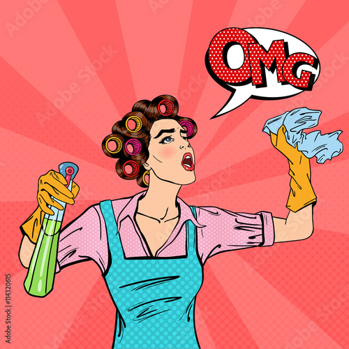 Housewife Cleaning the House with Spray and Rag. Pop Art. Vector illustration