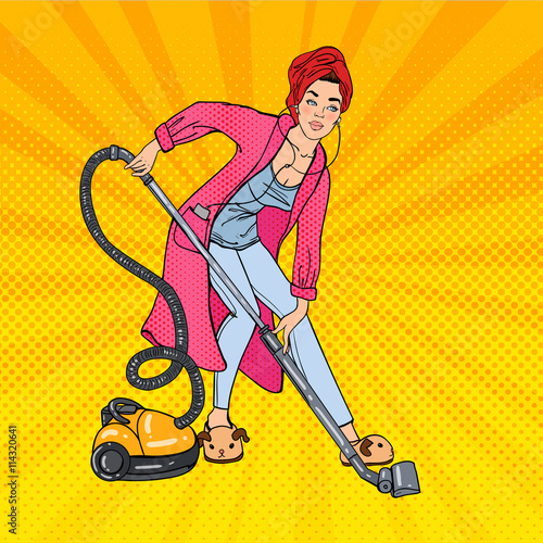 Beautiful Woman Hoovering Room and Listening Music. Housewife with Vacuum Cleaner. Pop Art. Vector illustration