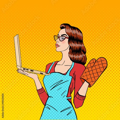 Young Housewife in Gloves and Apron with Laptop. Pop Art. Vector illustration