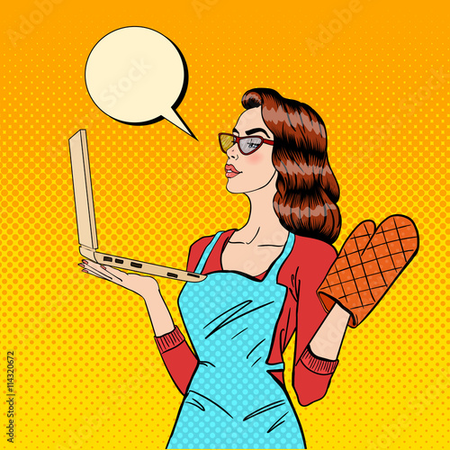Young Housewife in Gloves and Apron with Laptop. Pop Art. Vector illustration