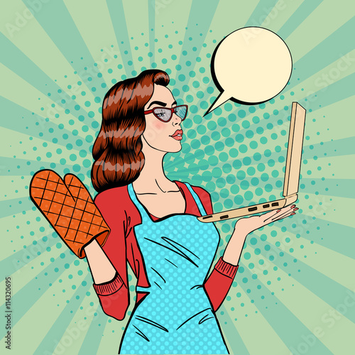 Young Housewife in Gloves and Apron with Laptop. Pop Art. Vector illustration
