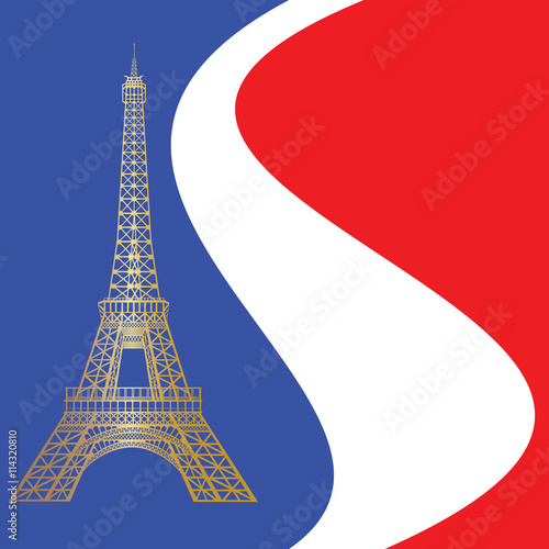 Golden Eiffel tower on the background colors of the flag of France.