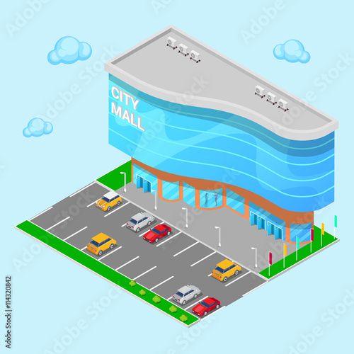 Isometric City Mall. Modern Shopping Center Building with Parking Zone. Vector illustration