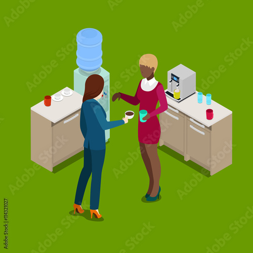 Isometric Office Kitchen. Business People Drinking Coffee. Vector illustration