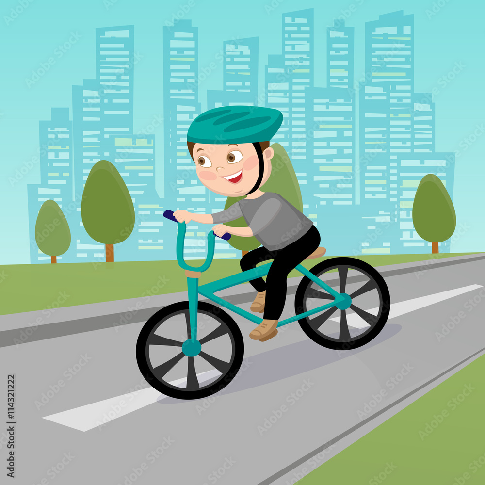 Happy Boy Riding on Bicycle in the City. Vector illustration