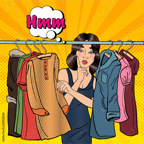 Beautiful Young Woman Choosing Clothes in her Wardrobe. Pop Art. Vector illustration