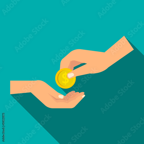 Hands holding coins icon, flat style