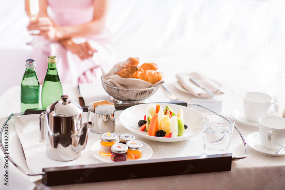 Fototapeta premium Close up of tray with breakfast