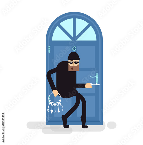 isolated illustration thief, burglar sneaks to door, attacker holding bunch of skeleton keys