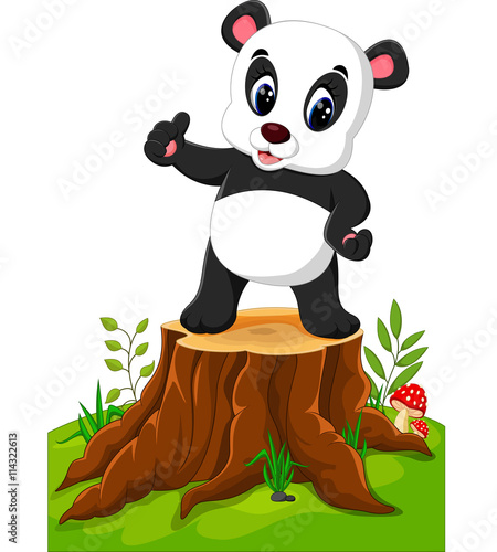 Fototapeta Naklejka Na Ścianę i Meble -  Cartoon panda posing on tree stump