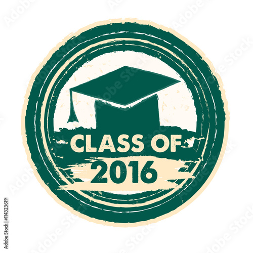 class of 2016 with graduate cap with tassel, round label, vector