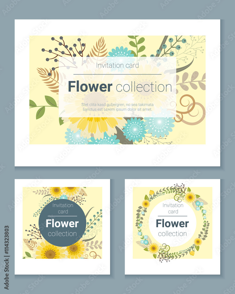 Set of invitation cards with colorful flowers ,vector, illustration