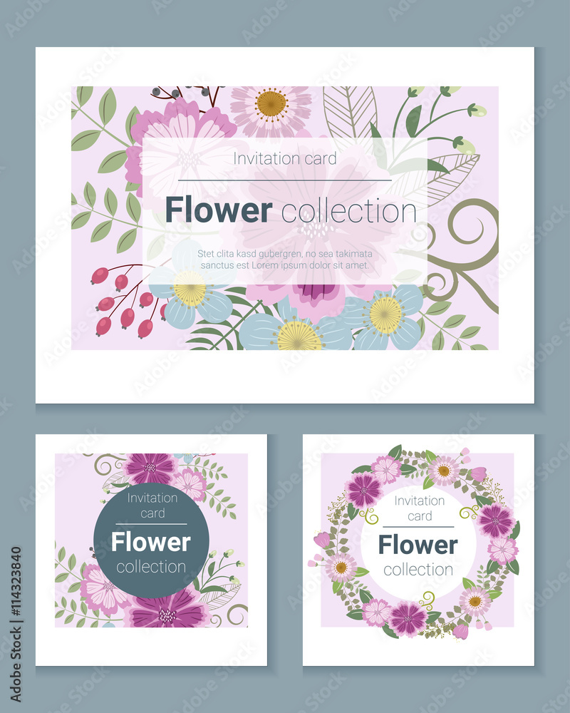 Set of invitation cards with colorful flowers ,vector, illustration