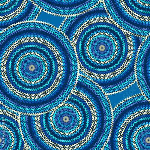 Blue Seamless Ethnic Geometric Knitted Pattern. Style Circle Background.