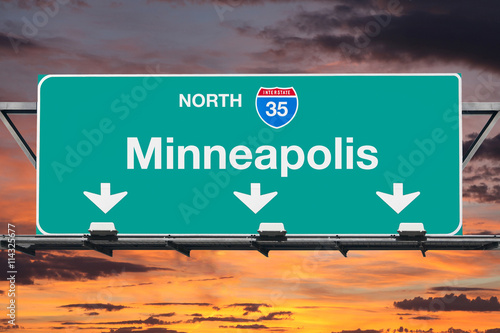 Minneapolis Interstate 35 North Highway Sign with Sunrise Sky photo