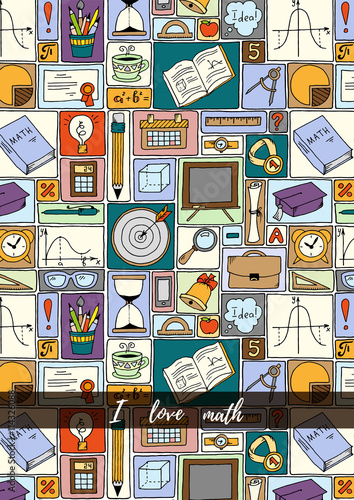 Mathematics science theme. Hand drawn pattern about school and learning in doodle style. Teacher's day background. Math backdrop. Education background design.