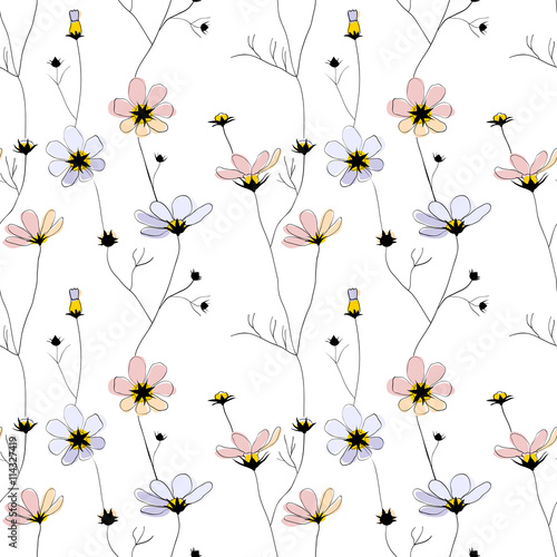 Fototapeta Naklejka Na Ścianę i Meble -  Delicate flowers seamless pattern on white