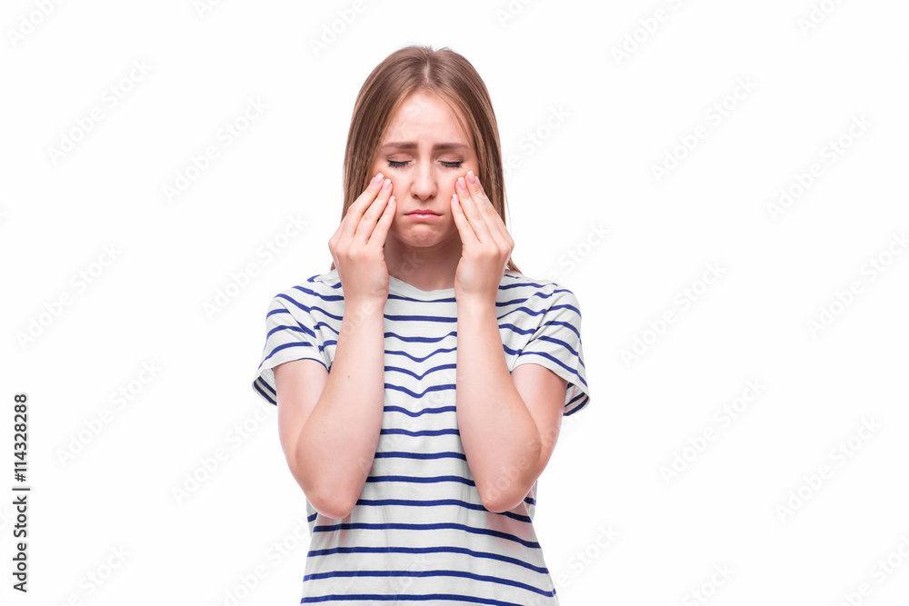 Sad girl with face pain on white. Sad girl with face pain on white.