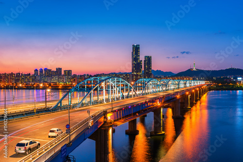 Dongjak Bridge and Han river in Seoul City , South Korea