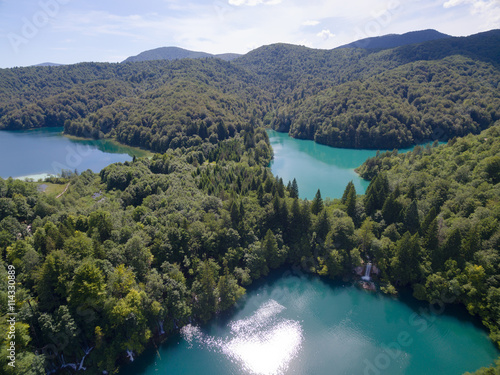aerial view of beautiful nature in Plitvice Lakes National Park, Croatia