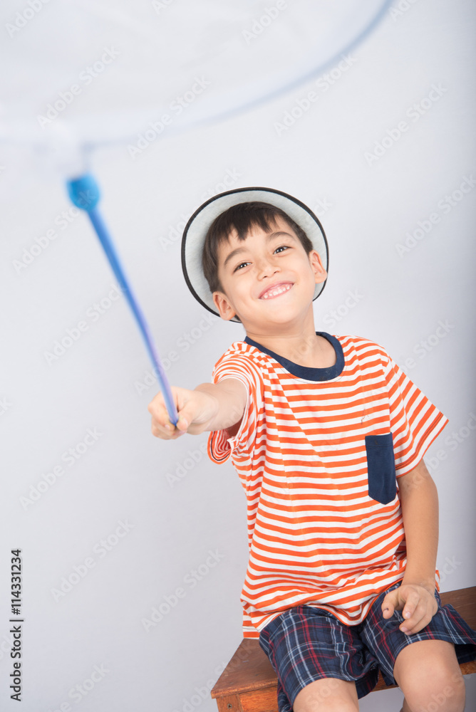 Little boy taking insect net on white background Little boy taking insect net on white background