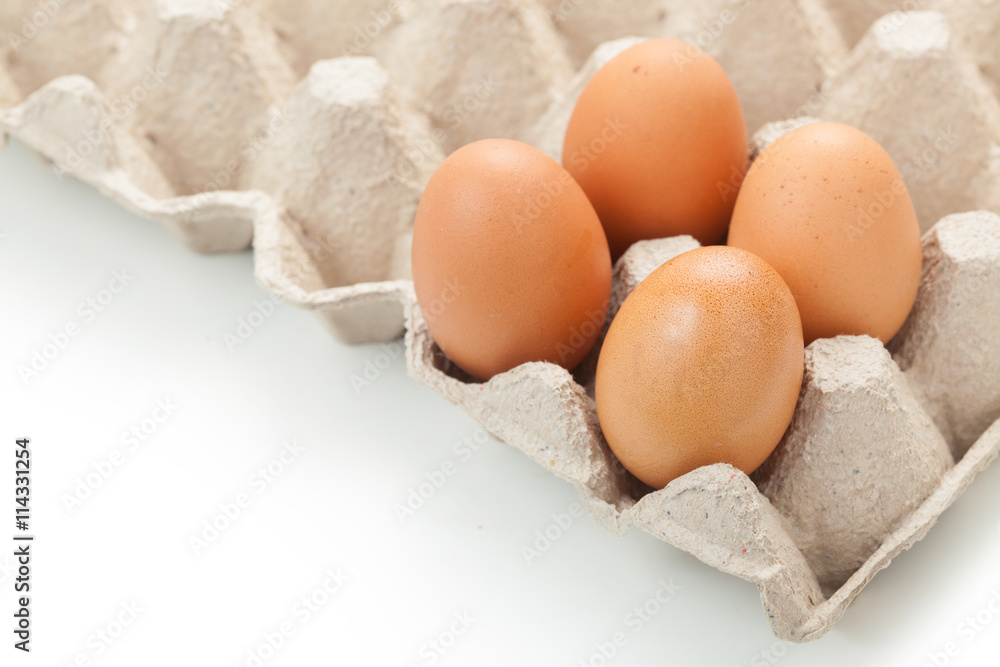 Close up of  eggs on egg rag. Egg cartons packing. on white background