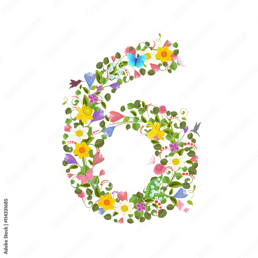 ornate font consisting of the spring flowers and flying hummingb