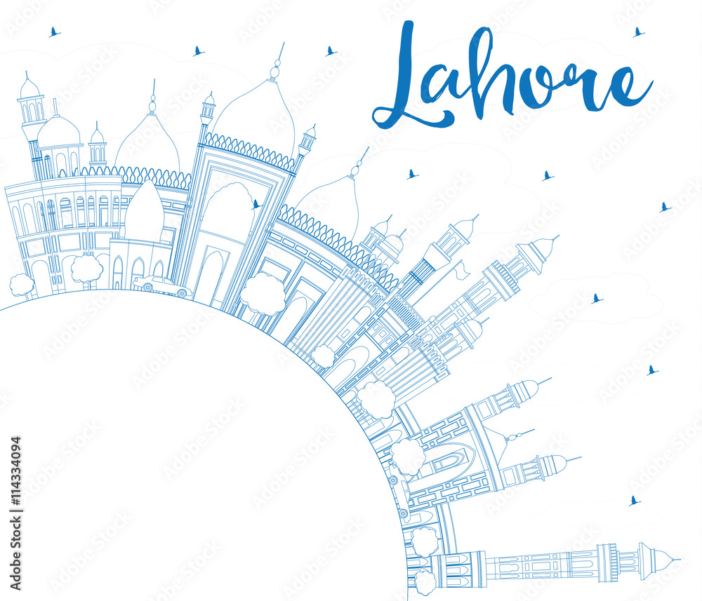 Outline Lahore Skyline with Blue Landmarks and Copy Space.