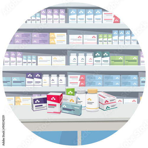 Modern interior pharmacy and drugstore. Banner. Sale of vitamins and medications. Funny cartoon flat vector simple illustration. photo