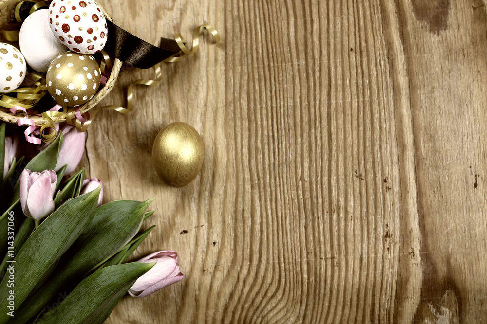 Toned background easter tulips and eggs Toned background easter tulips and eggs