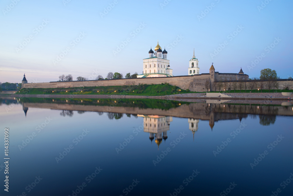 Pskov Kremlin and the river Great, evening in may. Pskov, Russia