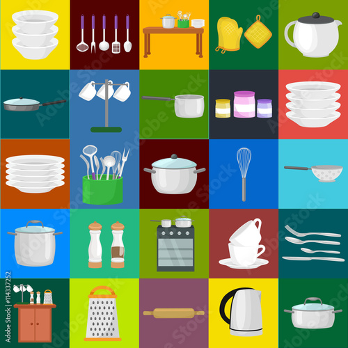 Food and cooking banner set with kitchenware utensils, Kitchen set of tools for cook or cooking meals. Vector illustration of isolated kitchen utensil. Background with utensil, cook equipment