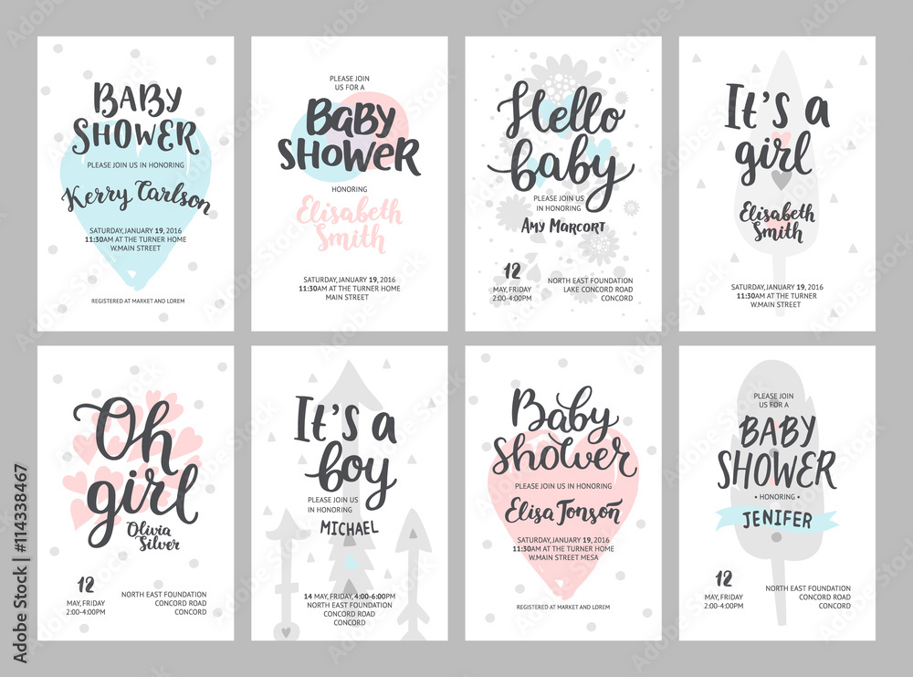 Baby shower girl and boy posters, vector templates. Baby shower pastel invitations with hearts, arrows, feathers and hand drawn text on white background - obrazy, fototapety, plakaty 