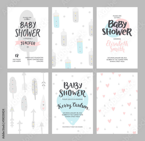Baby shower girl and boy invitations, vector templates. Shower pastel cards with feathers, arrows and hand drawn text on white background