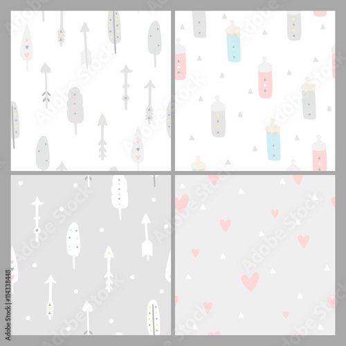 Baby shower seamless backgrounds. Pastel colors. Kids pattern with feathers, arrows, hearts and nipples, boho style