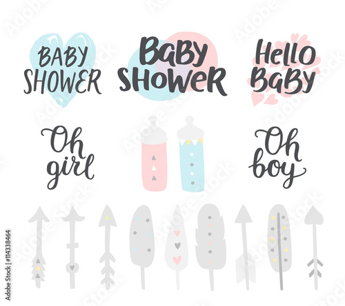 Baby shower girl and boy, vector elements. Hand drawn text, feathers, nipples and arrows for design shower invitations, posters and cards