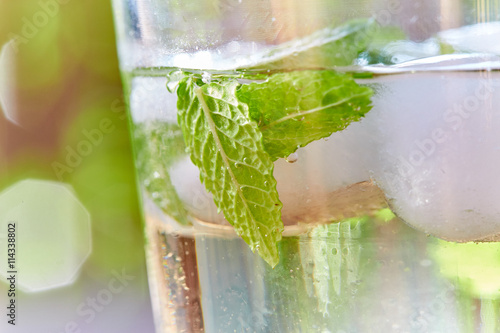 Macro shot of cool drink with mint