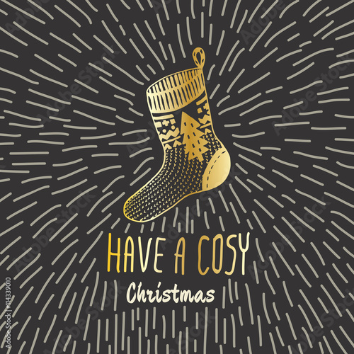 Christmas vintage card with with hand drawn knitted sock and text 'Have a Cosy Christmas'