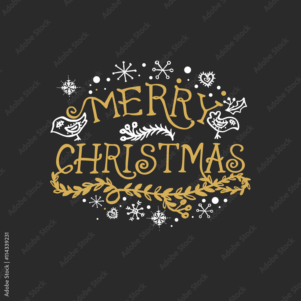 Fototapeta premium Christmas Greeting Card with hand drawn lettering and snowflakes